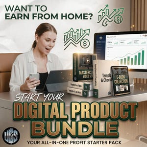 May include: A woman is at a desk with a laptop, smartphone, and a digital product bundle. The bundle includes a video set, templates, checklists, and an e-book collection. The image text reads "Want to Earn From Home?" and "Start Your Digital Product Bundle."