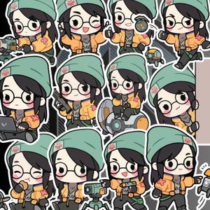 Könnte beinhalten: Ein sich wiederholendes Muster von Cartoon-Illustrationen einer Figur mit grüner Mütze, Brille und orangefarbener Jacke. Die Figur wird in verschiedenen Actionposen dargestellt, einige halten Waffen oder Geräte, vor einem schwarzen und grauen Hintergrund.