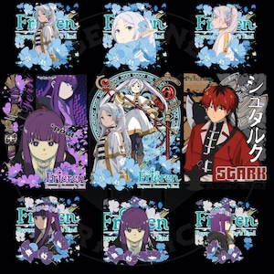 May include: A digital illustration of various characters from the manga series "Frieren: Beyond Journey's End". The characters are depicted in different poses and expressions, with the title of the series appearing in the background. The illustration is set against a black background.