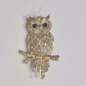 Golden Rhinestone Owl Brooch