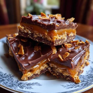 Puede incluir: Primer plano de tres barras de postre en capas sobre un plato. Las barras tienen una base de galleta, una capa de caramelo y una cobertura de chocolate con trozos crujientes. El plato tiene un diseño floral azul y blanco.