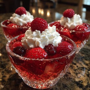May include: Three crystal dessert bowls filled with red jelly, strawberries, and raspberries, topped with whipped cream and a single raspberry. The bowls are on a dark, speckled surface, creating a visually appealing dessert presentation.