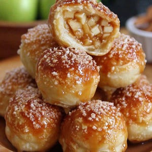 May include: A stack of golden-brown apple dumplings on a wooden plate. The dumplings are topped with a caramel glaze and a sprinkle of nuts. One dumpling is cut open, revealing a filling of diced apples.