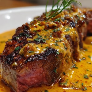 Puede incluir: Primer plano de un bistec cocido, sellado con un exterior marrón oscuro, con un interior rosado. El bistec está cubierto con una salsa cremosa de color naranja y adornado con hierbas verdes frescas. El plato se presenta en un plato blanco.