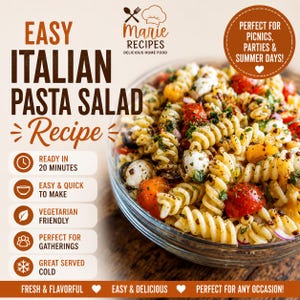 Può includere: Una ciotola di vetro riempita con insalata di pasta rotini contenente pomodorini, perle di mozzarella, olive nere ed erbe aromatiche. Il testo include "EASY ITALIAN PASTA SALAD Recipe", "READY IN 20 MINUTES", "EASY & QUICK TO MAKE", "VEGETARIAN FRIENDLY" e "GREAT SERVED COLD".