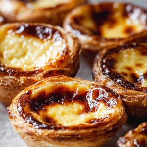 Puede incluir: Primer plano de varios pasteles dorados con un relleno cremoso. La parte superior de los pasteles está caramelizada, creando una apariencia brillante y texturizada. Se ven las conchas de hojaldre, lo que sugiere una construcción delicada y en capas. La imagen está bien iluminada.