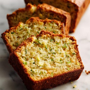 May include: A partially sliced loaf of zucchini bread with a golden-brown crust and visible green flecks of zucchini. The bread is on a light-coloured surface, with crumbs scattered around the slices. The bread looks moist and freshly baked.