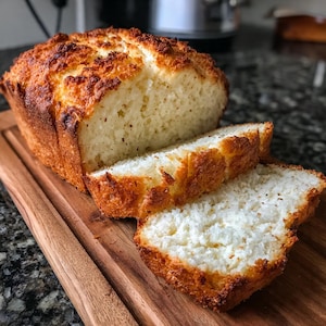 Può includere: Una pagnotta di pane appena sfornato, parzialmente affettata, è appoggiata su un tagliere di legno. Il pane ha una crosta dorata e un interno bianco e morbido. Due fette sono visibili, che mostrano la consistenza e l'aspetto invitante del pane.