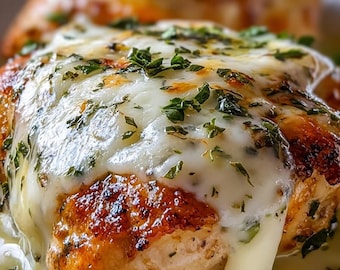 May include: Close-up of a cooked chicken breast topped with melted white cheese and chopped green herbs. The chicken has a golden-brown, crispy exterior. The dish is served with a creamy sauce.