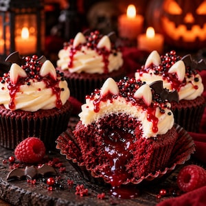 May include: Red velvet cupcakes with white frosting, topped with red syrup, black and red sprinkles, and white chocolate fangs. One cupcake is bitten, revealing a red fruit filling. Dark chocolate bat shapes and fresh raspberries are included.