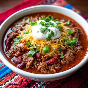 May include: A close-up shot of a bowl of chili. The chili is topped with shredded cheese, sour cream, and chopped green onions. The chili contains ground beef, kidney beans, and a rich, red broth. The bowl is white, and the background is a colorful textile.