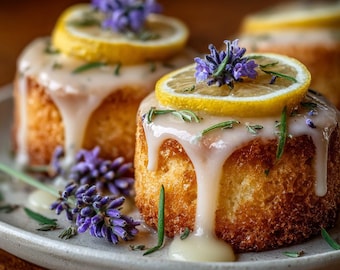 Receta en PDF de mini pasteles de limón: glaseado de lavanda, postre elegante (descarga digital)