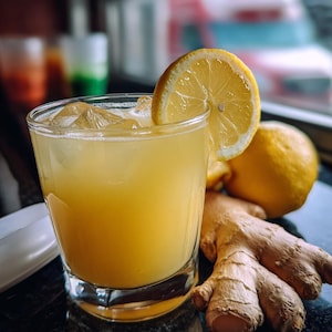 May include: A refreshing yellow cocktail in a clear glass, garnished with a lemon slice. Ice cubes are visible in the drink. A whole lemon and a piece of ginger are next to the glass. The drink is on a dark surface.