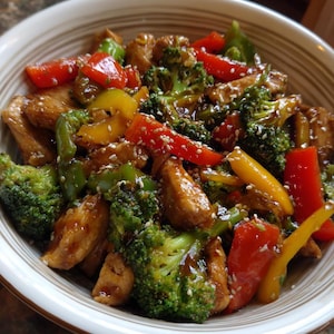 Op de afbeelding: Een kom roerbak met kip, broccoli en kleurrijke paprika's. Het gerecht is gegarneerd met sesamzaadjes en een donkere saus. De kom heeft een lichtbruin en wit gestreept patroon.