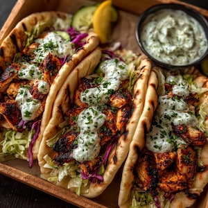 Può includere: Primo piano di tre wrap di pita con pollo e verdure grigliate, conditi con una salsa bianca cremosa ed erbe fresche. Gli involtini sono serviti in un vassoio di legno, con una piccola ciotola di salsa e uno spicchio di limone.