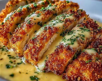 May include: Close-up of sliced, breaded chicken cutlets on a white plate. The golden-brown cutlets are topped with a creamy sauce and sprinkled with fresh green herbs, served over a bed of yellow sauce.