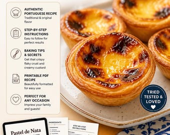 Ricetta autentica del Pastel de Nata in PDF / Torta portoghese alla crema / Dessert in stile pasticceria (scaricabile)