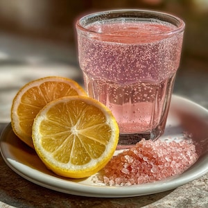 May include: A refreshing pink drink in a clear glass, with bubbles, next to two lemon slices and a pile of pink salt on a white plate. The drink and salt are illuminated by sunlight, creating a vibrant and inviting scene.