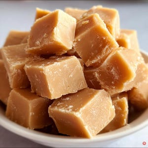 May include: A close-up shot of a white bowl filled with light brown fudge squares. The fudge pieces are stacked, showcasing their textured surfaces and irregular shapes. The lighting highlights the color and the details of the confection.