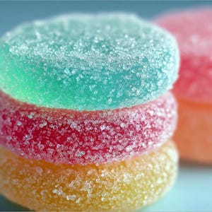 Könnte beinhalten: Nahaufnahme eines Stapels farbiger, gezuckerter Gummibonbons. Das oberste Bonbon ist türkis, das mittlere ist rot und das untere ist gelb. Die Bonbons sind rund und haben eine Zuckerbeschichtung.