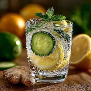 May include: A refreshing beverage in a clear glass, featuring cucumber and lemon slices, ice cubes, and mint leaves. The drink is bubbly and effervescent, with a ginger root and lime in the foreground. The drink is a healthy and natural refreshment.