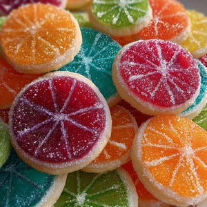Könnte beinhalten: Nahaufnahme von bunten, fruchtförmigen Keksen. Die Kekse sind rund mit einem zuckerbeschichteten Rand und einem durchscheinenden Fruchtscheiben-Design in Orange-, Rot-, Grün- und Türkistönen. Die Kekse sind auf einem weißen Teller angeordnet.