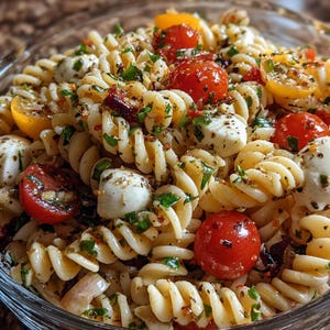 May include: A clear glass bowl filled with pasta salad. The salad features fusilli pasta, cherry tomatoes, mozzarella balls, and fresh herbs. The tomatoes are red and yellow, and the mozzarella is white. The salad is tossed in a light dressing.