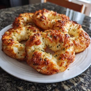Puede incluir: Un plato de bagels recién horneados con una corteza dorada y con queso. Los bagels son redondos con un agujero en el centro y están espolvoreados con hierbas verdes. Los bagels están en un plato blanco.