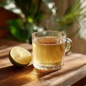 May include: A clear glass mug filled with a warm, golden-colored beverage, with steam rising from the top. A halved lime sits beside the mug on a wooden surface, suggesting a refreshing drink. The scene is lit with natural light.