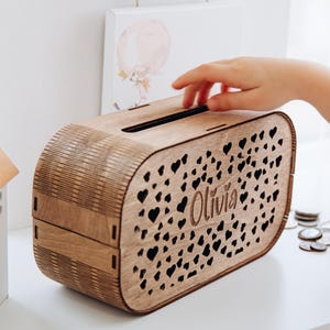 Alcancía de madera marrón personalizada para niños, alcancía Montessori, juguete educativo personalizado, caja para ahorrar dinero, alcancía para niños pequeños, regalo único para baby shower