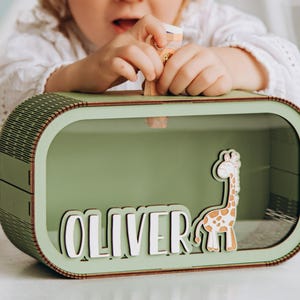 Personalized Wooden Green Kid Piggy Bank Montessori Coin Bank Custom Educational Toy Money Saving Box Toddler Bank Unique Baby Shower Gift