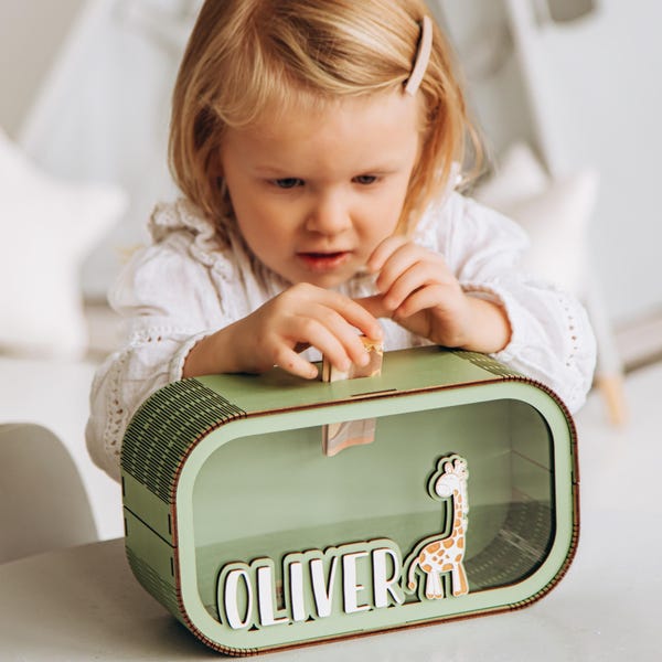 Hucha de madera personalizada: Caja de ahorros Montessori para niños
