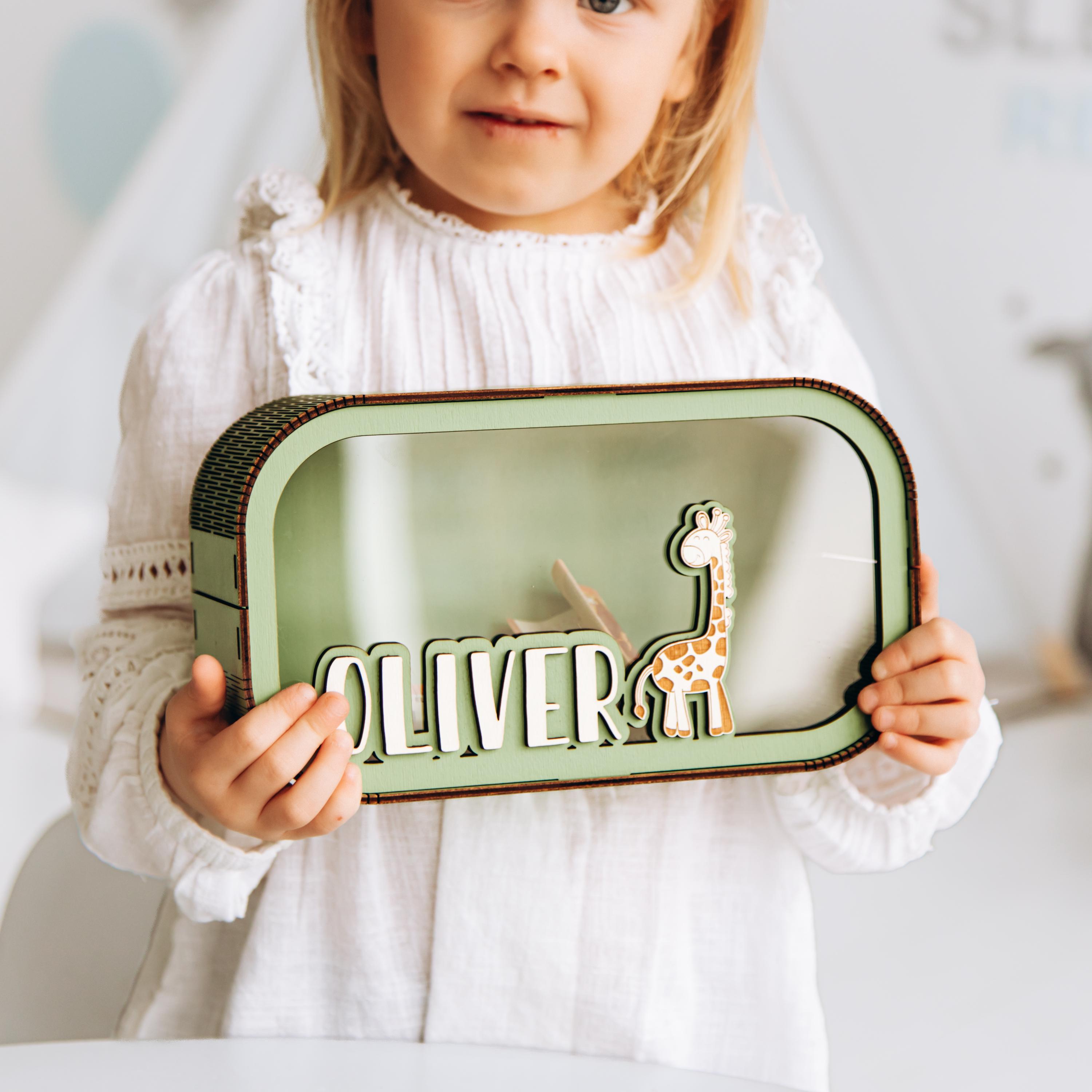 Personalized Wooden Green Kid Piggy Bank Montessori Coin Bank Custom Educational Toy Money Saving Box Toddler Bank Unique Baby Shower Gift