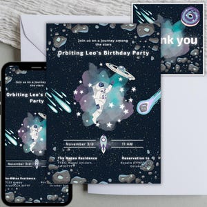 Astronaut Geburtstagseinladung | Weltall-Thema Party einladen | Weltraum Geburtstagskarte | Digitale Einladung | Bearbeitbare Canva Vorlage
