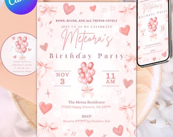 Pink Bow Birthday Invitation, Coquette Vintage Style (Digital Invitation)