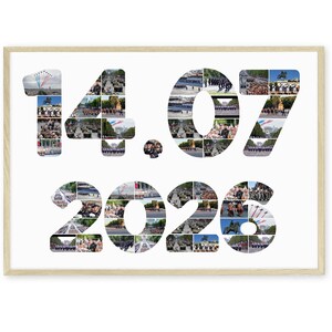 Peut inclure: Une impression d'art encadrée présentant un collage de photos disposées pour former la date 14.07.2026. Les chiffres sont remplis de diverses petites images de défilés militaires, de formations aériennes et de cérémonies publiques sur fond blanc.