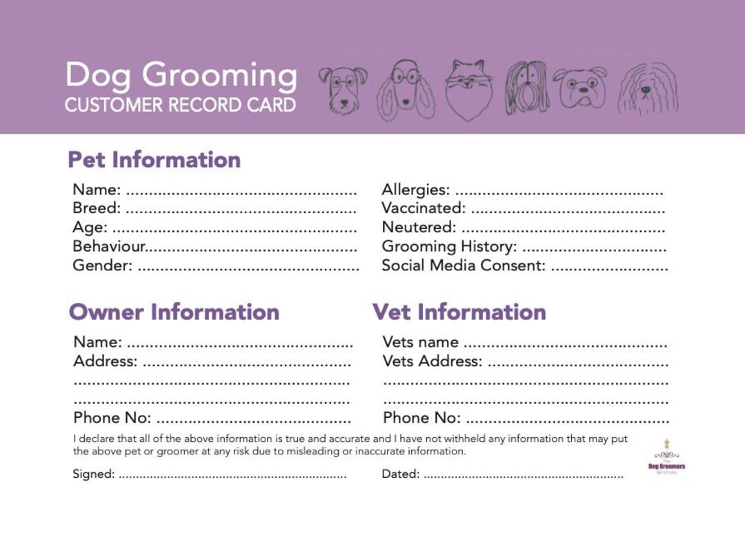 Dog Grooming Record Cards X 100 | Pet Grooming Record Cards for Dog ...