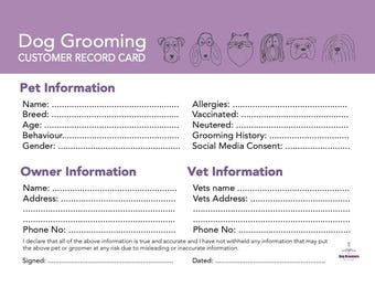 Dog Grooming Record Cards x 100 | Pet Grooming Record Cards for Dog Groomers | Simple Design