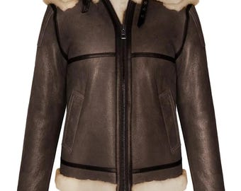 Ladies Leather Flying Jacket - Teak/Beige