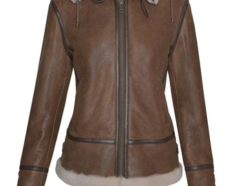 Ladies Sheepskin Detachable Hood Flying Jacket - Whisky