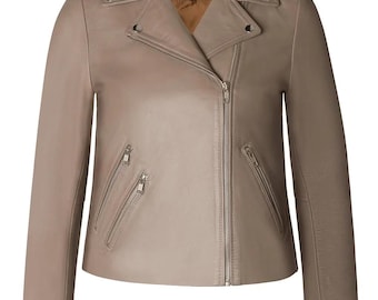 Ladies Leather Biker Jacket -Taupe
