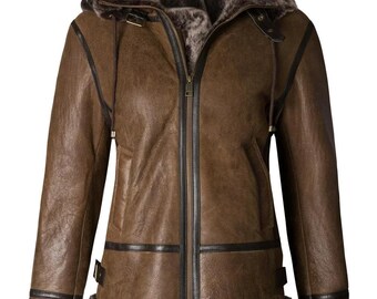 Ladies Sheepskin Detachable Hood Flying Jacket - Tobacco
