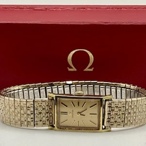 Vintage Boxed Omega Women's Gold Plated 16mm Manual Wind Tank Cocktail Watch