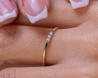 Three Diamond Stone Ring, Thin Diamond Cut Wedding Band, Minimalist Trio Sparkle Band, Promise Ring for Her, Luxury Diamond Bridal Ring