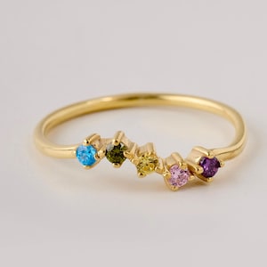 14K Solid Gold Rainbow Birthstone Ring | Dainty Gemstone Stacking Band