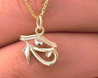 Handcrafted  Eyes of Horus Necklace: Solid Gold Egyptian Symbol Pendant, Handcrafted Ra Eyes Necklace