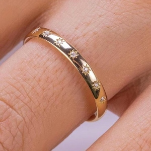 Tiny Half Eternity Diamond Stars Band Ring: Minimalist Celestial Ring, Starry Wedding Band Gift for Her