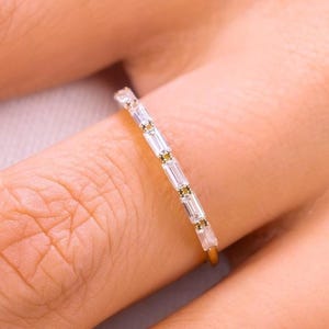 Baguette Moissanite Wedding Band, Half Eternity Gold Ring, Dainty Stackable Ring
