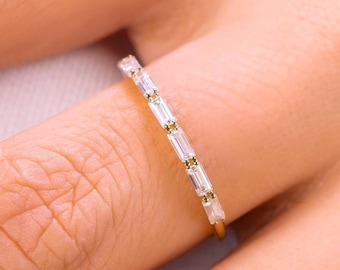 Baguette Moissanite Wedding Band, Half Eternity Gold Ring, Dainty Stackable Ring