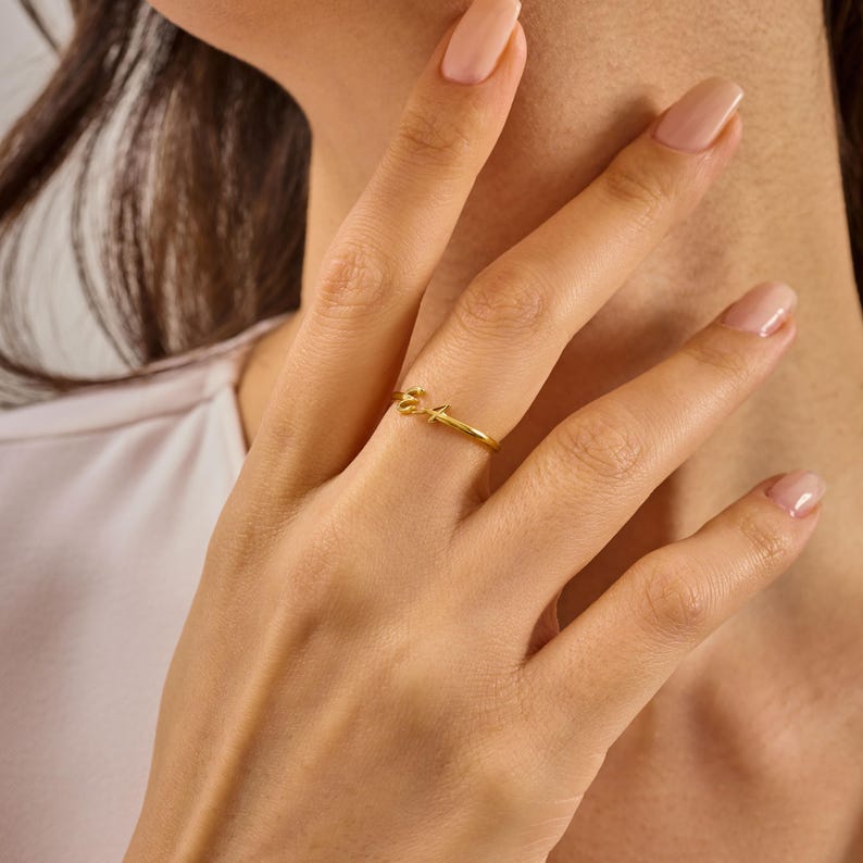 Custom Initial Ring - Personalized Gold Letter - Dainty Stacking Ring - Bridesmaid Mothers Day image 10